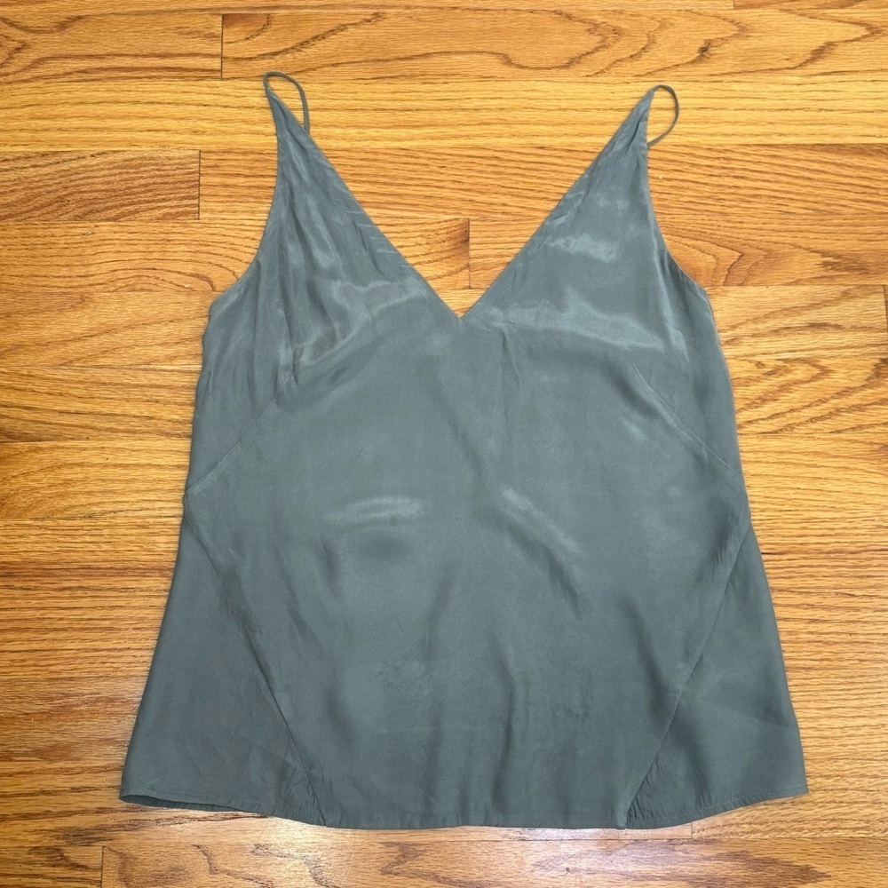 J Brand Silk V Neck Sleeveless Cami Tank Top Slate Green/Gray - Picture 2 of 12